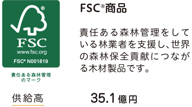 FSC商品 責任ある森林管理をして いる林業者を支援し、世界 の森林保全貢献につなが る木材製品です。