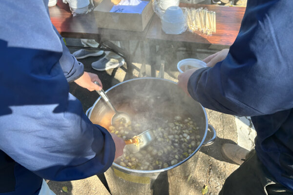 収穫した野菜で調理する様子